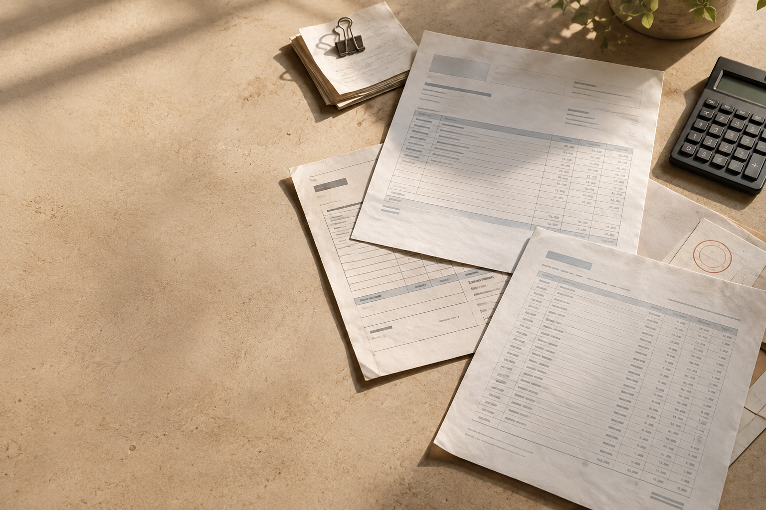 Supplier invoices, purchase-order records and calculator arranged for reconciliation.