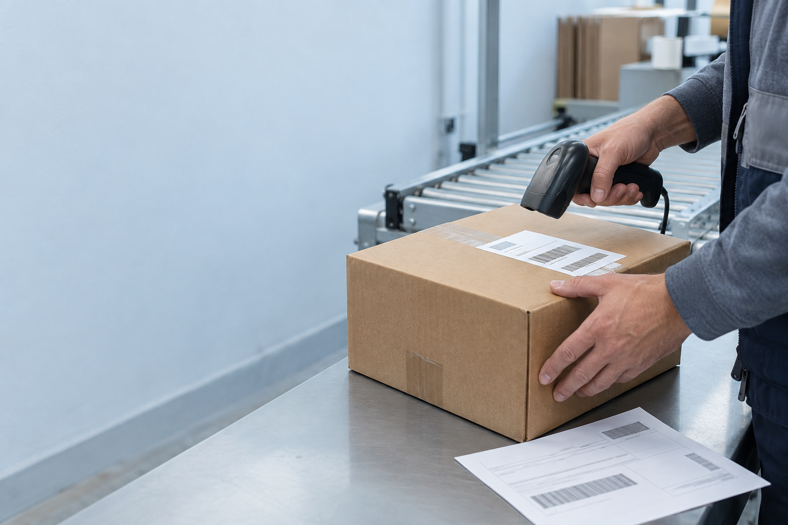 Dispatch scene with a parcel being scanned beside a fulfillment conveyor.