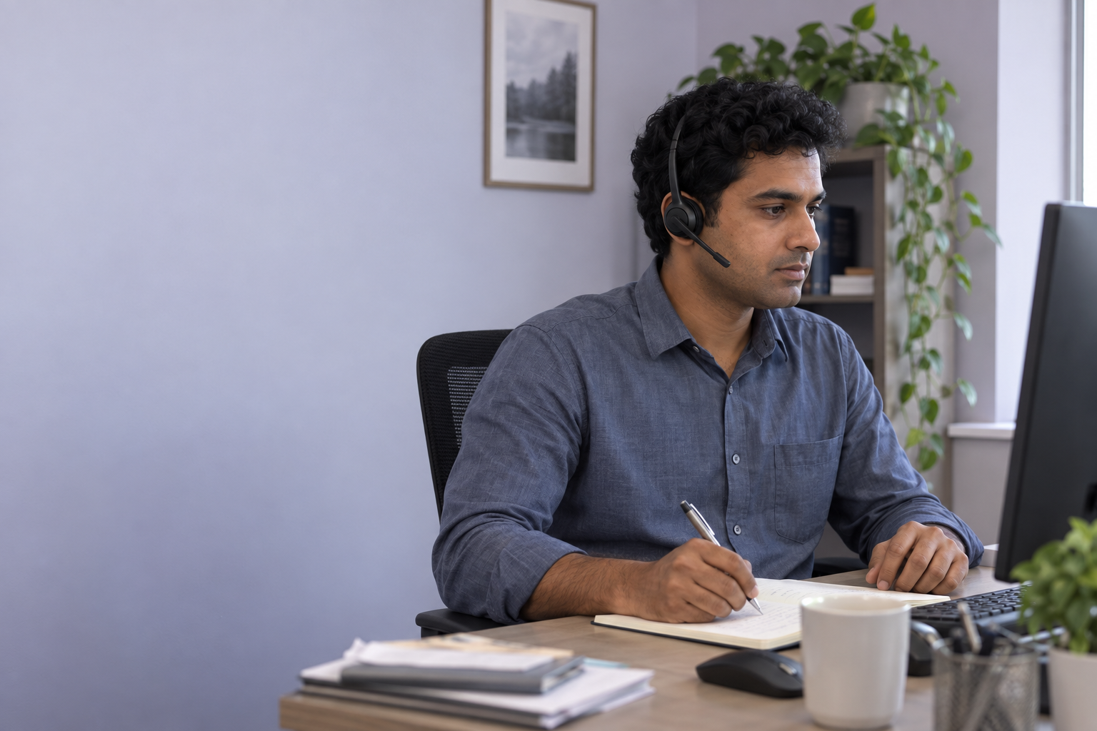 Customer support specialist checking a ticket and customer notes at a monitor.